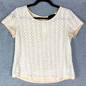 CYNTHIA ROWLEY cream lace short sleeve blouse, M